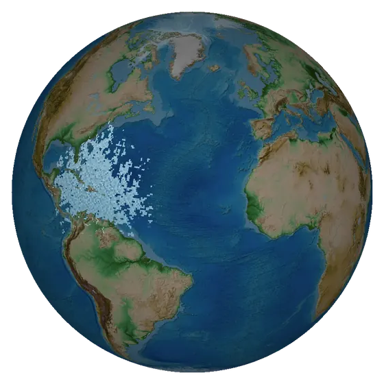 Animation: ice-nine spreading from the Caribbean over the first 15 days, floating case