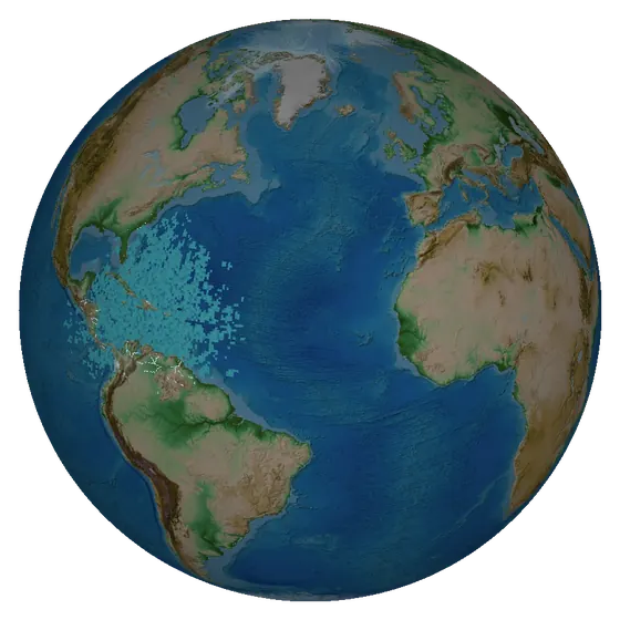 Animation: ice-nine spreading from the Caribbean over the first 15 days, sinking case